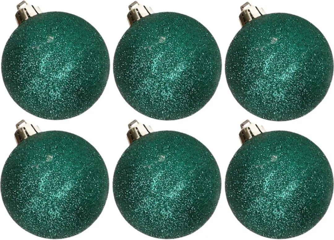 6x stuks kunststof glitter kerstballen donkergroen 6 cm