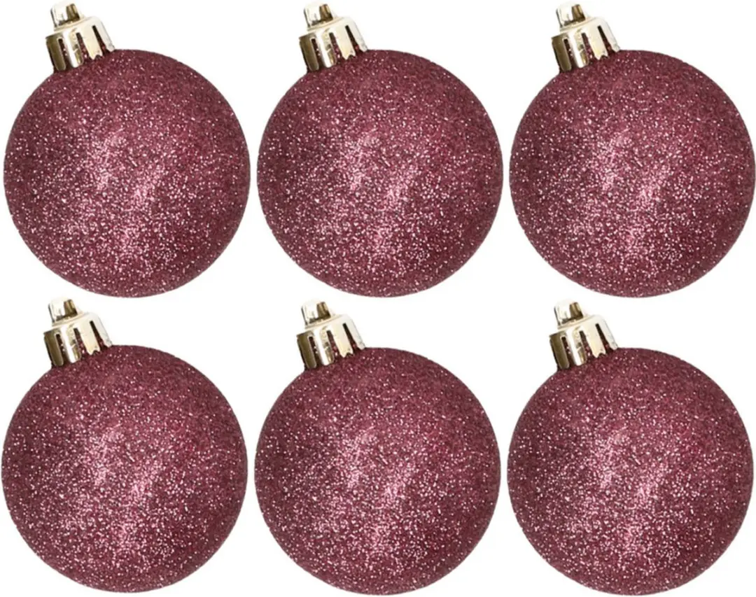 6x stuks kunststof glitter kerstballen aubergine roze 6 cm