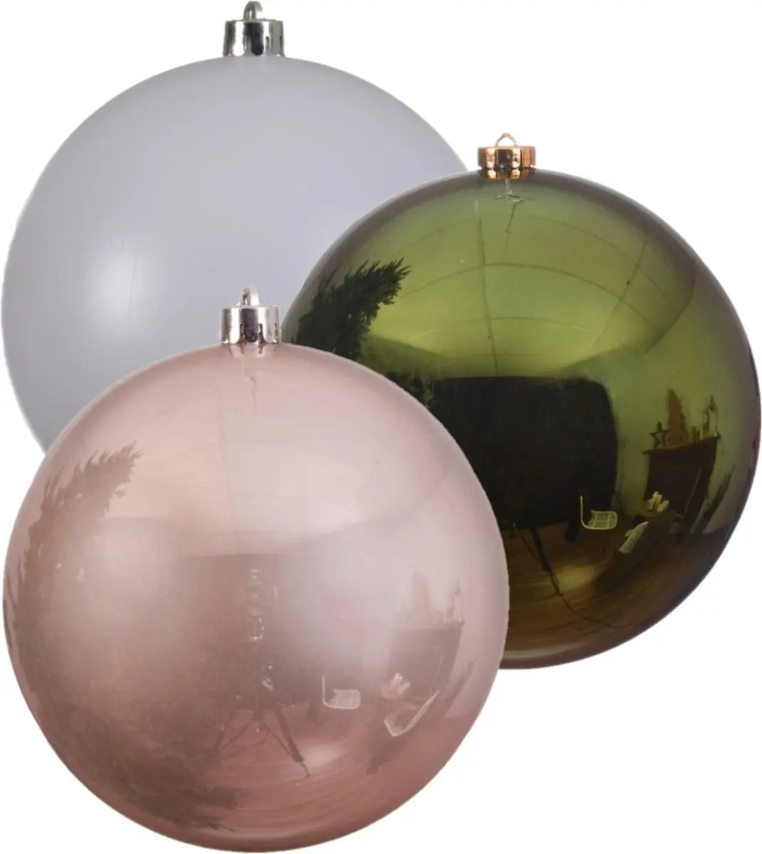 Kerstversieringen set van 6x grote kunststof kerstballen groen-wit-roze 14 cm gl