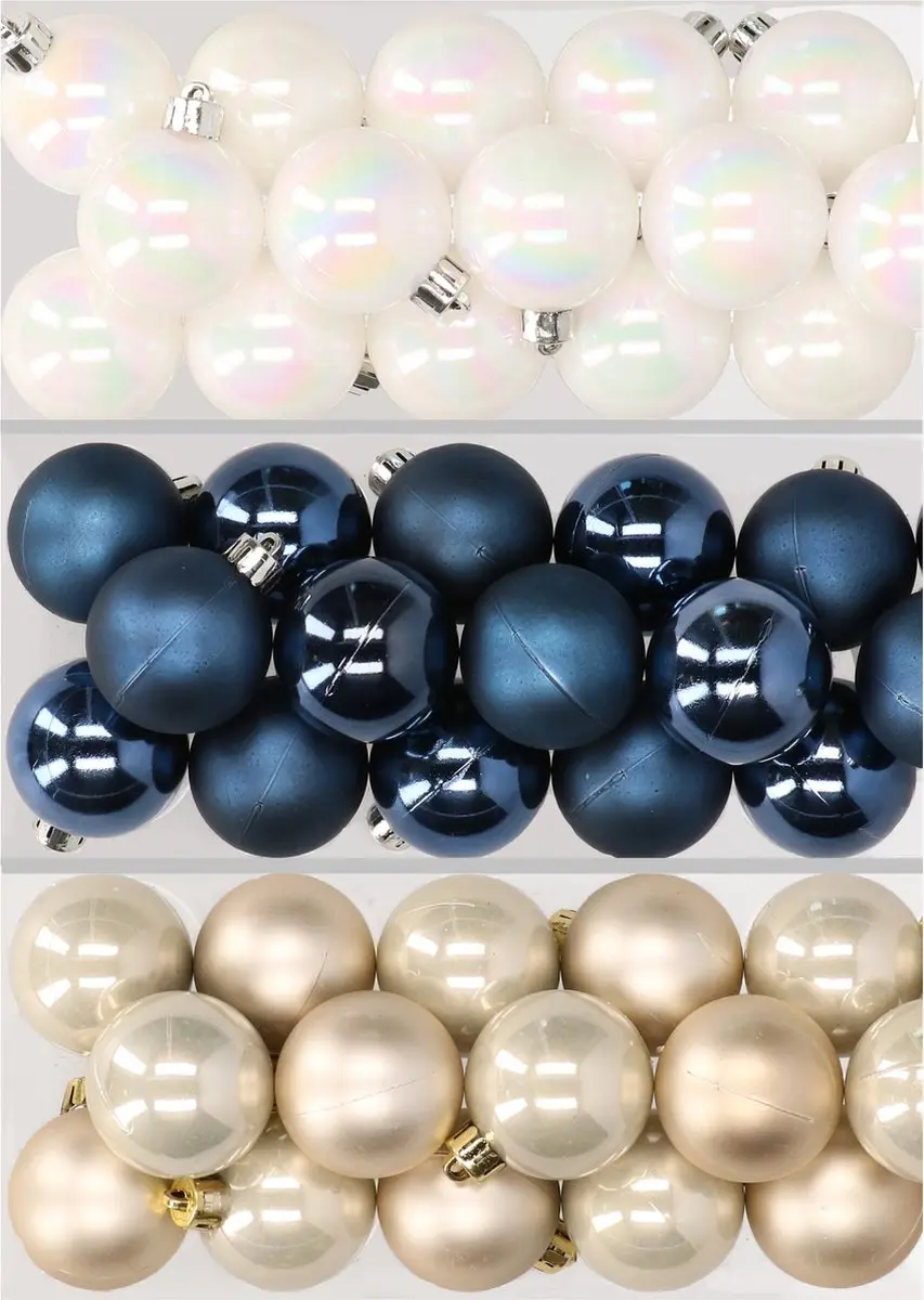 48x stuks kunststof kerstballen mix van parelmoer wit, donkerblauw en champagne
