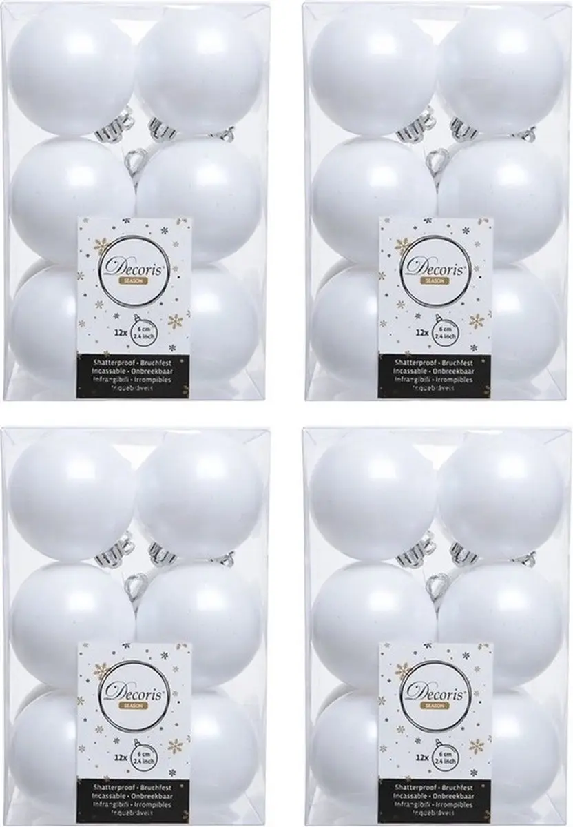48x Winter witte kunststof kerstballen 6 cm - Mat- Onbreekbare plastic kerstballen - Kerstboomversiering winter wit