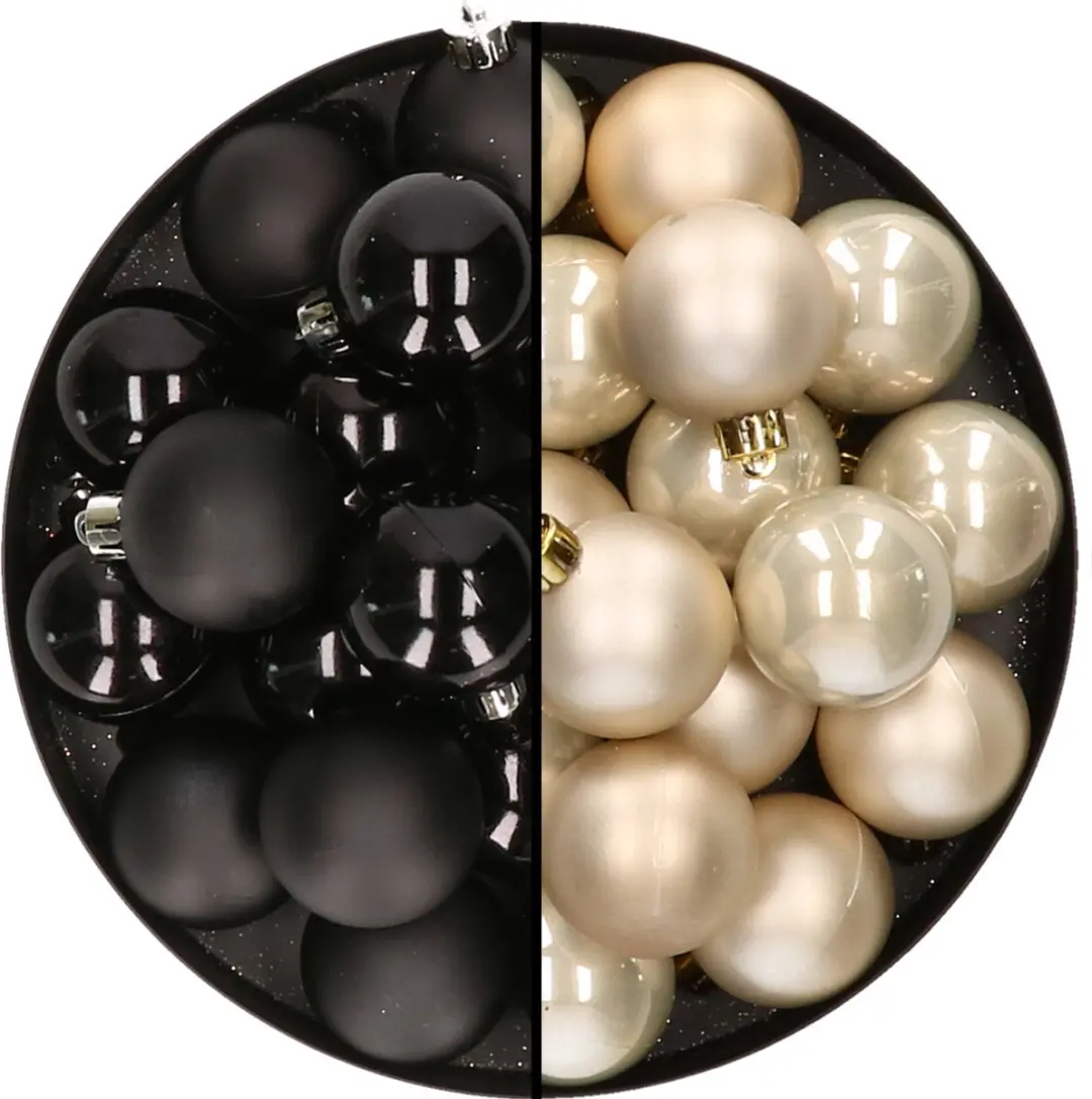 32x stuks kunststof kerstballen mix van zwart en champagne 4 cm