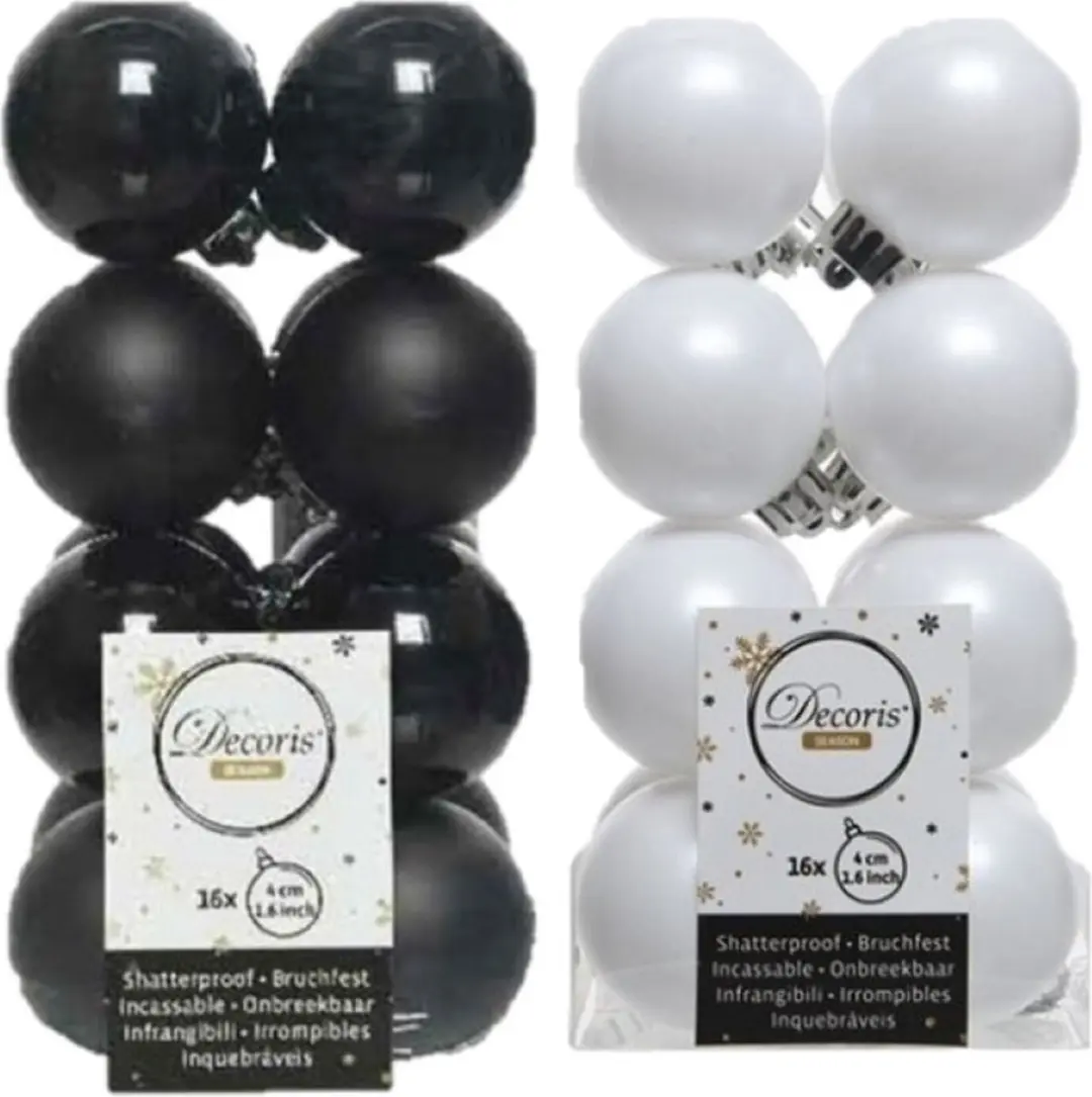 32x stuks kunststof kerstballen zwart en wit 4 cm