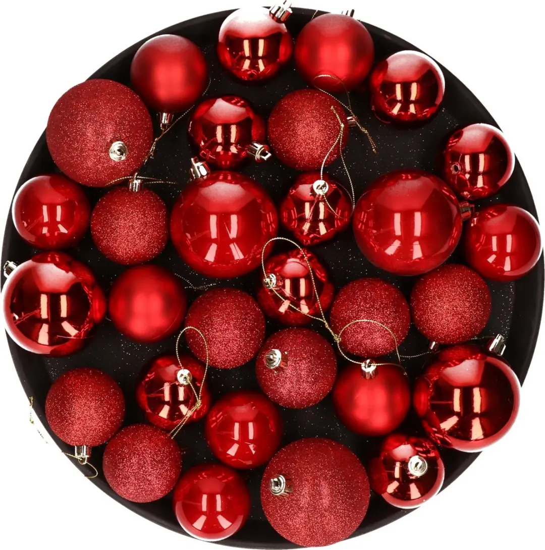 Kerstversiering set mix mat/glans/glitter kerstballen in het rood 6 en 8 cm pakk