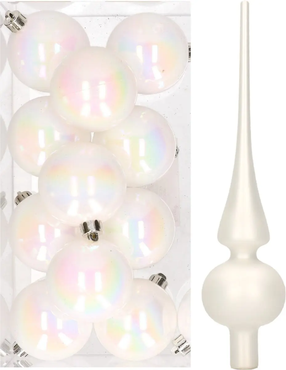 12x Parelmoer witte kunststof kerstballen met glazen piek mat