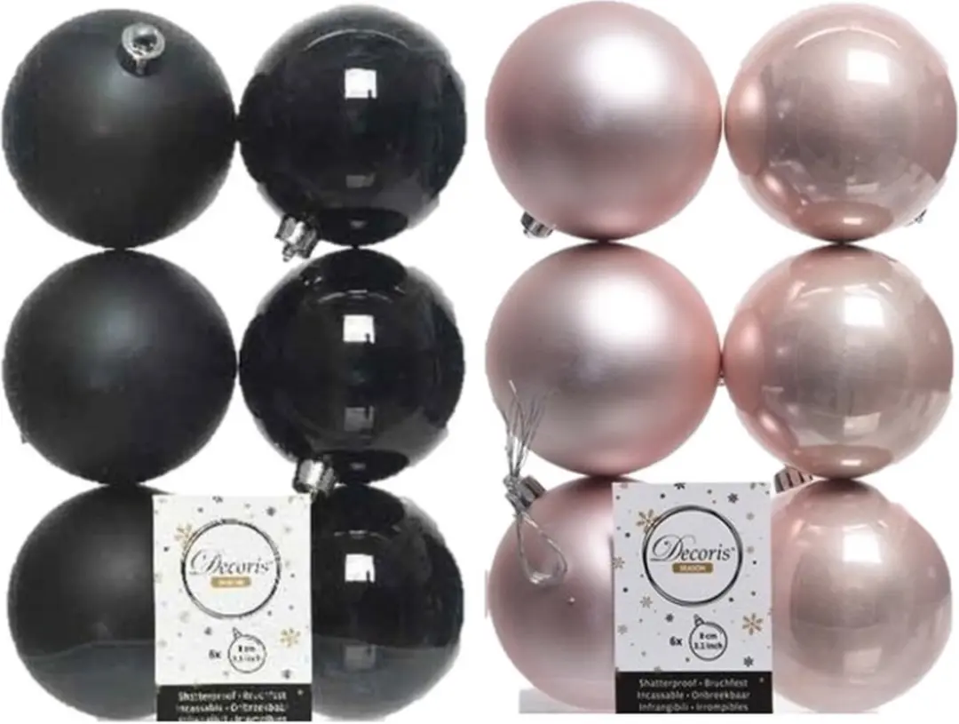 24x stuks kunststof kerstballen zwart en lichtroze 8 cm