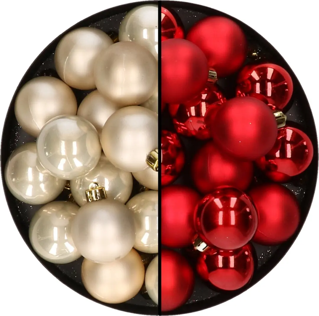 32x stuks kunststof kerstballen mix van champagne en rood 4 cm