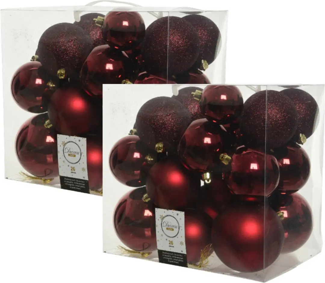 52x stuks kunststof kerstballen donkerrood (oxblood) 6-8-10 cm