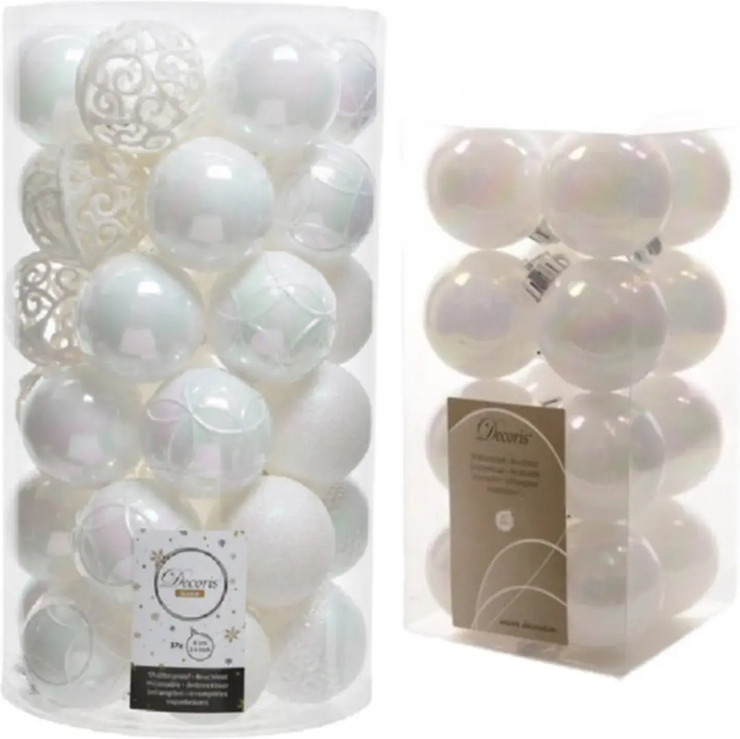 53x stuks kunststof kerstballen parelmoer wit 4 en 6 cm glans/mat/glitter mix