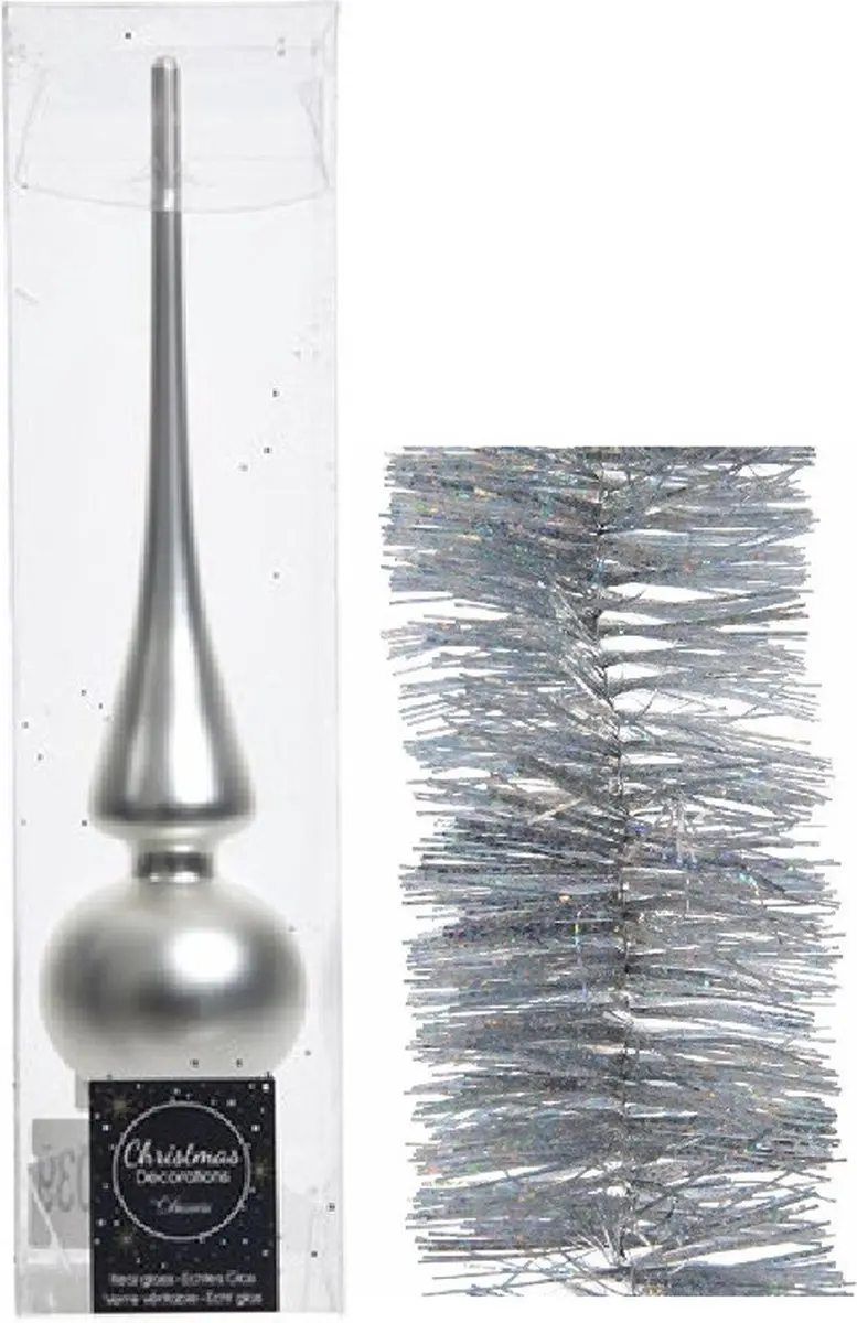 Kerstversiering glazen piek mat 26 cm en glitter folieslingers pakket zilver van