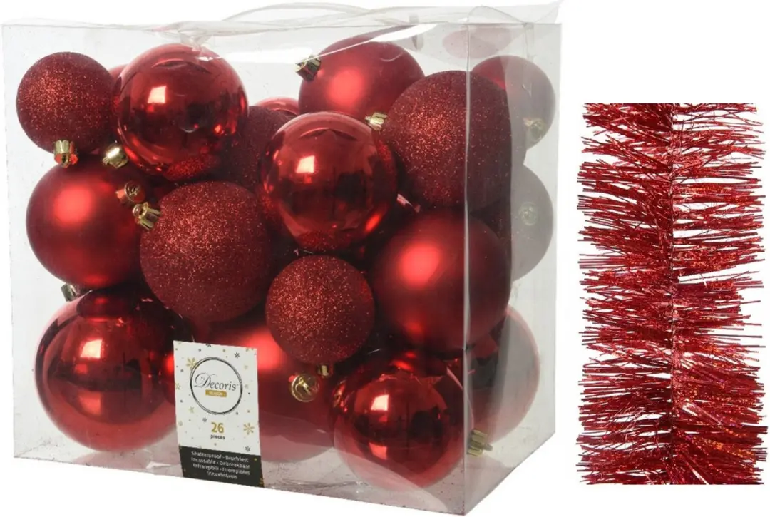 Kerstversiering kunststof kerstballen 6-8-10 cm met glitter folieslingers pakket