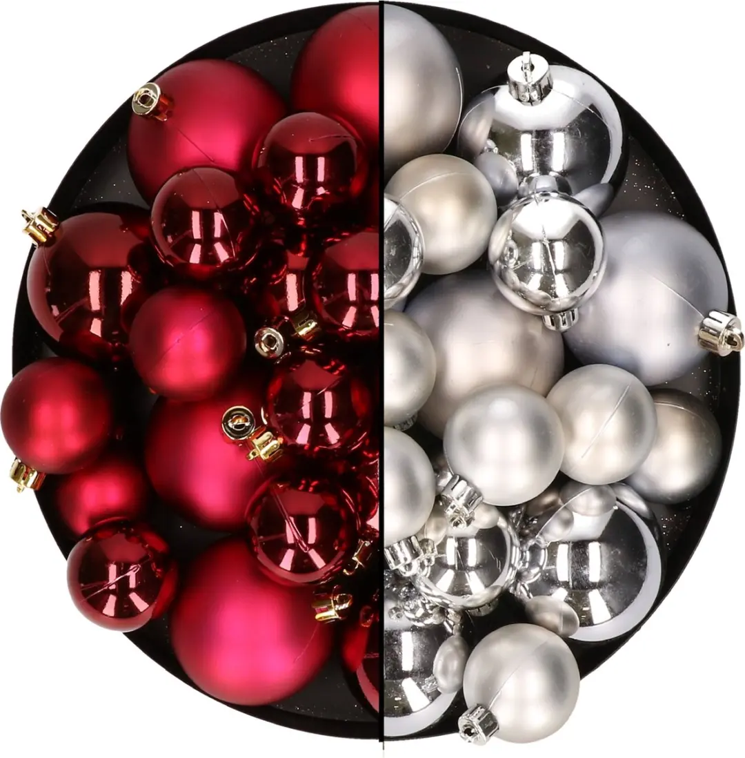 Kerstversiering kunststof kerstballen kleuren mix donkerrood/zilver 6-8-10 cm pa