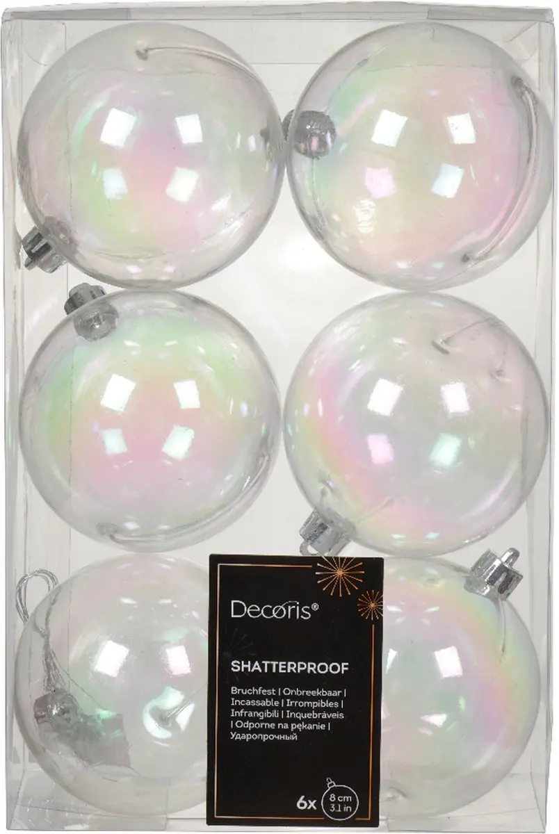 Decoris Kerstballen 8cm - Transparant Parelmoer - 6 stuks - afbeelding 2 van 3