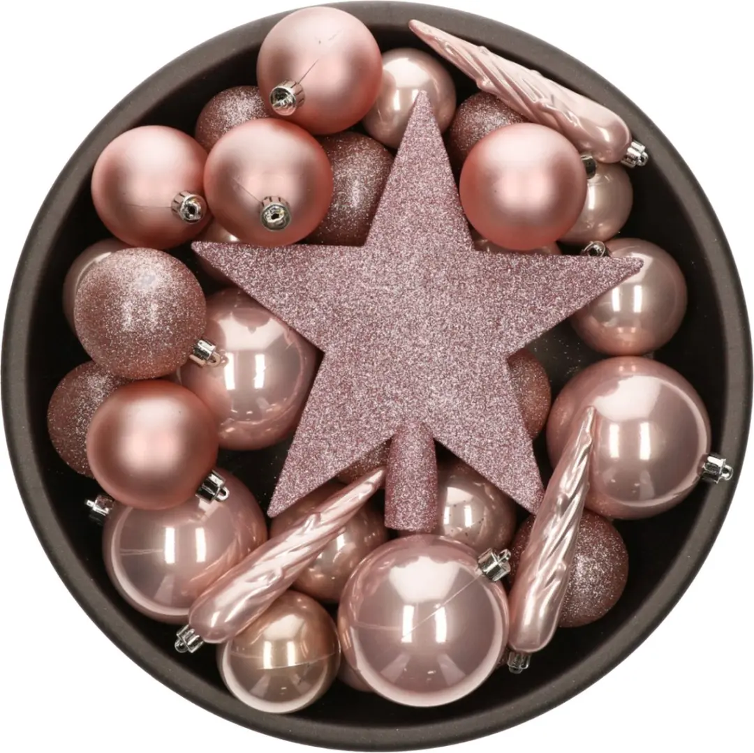 33x Lichtroze kunststof kerstballen 5-6-8 cm