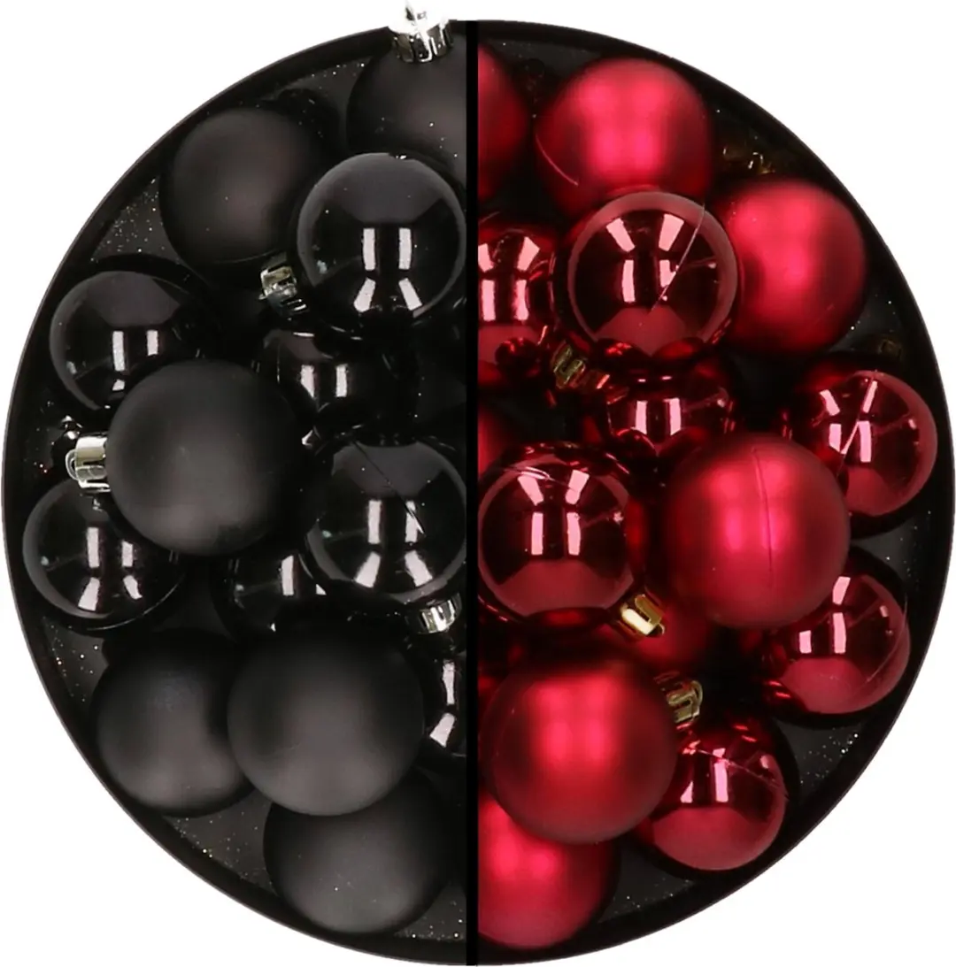 32x stuks kunststof kerstballen mix van zwart en donkerrood 4 cm