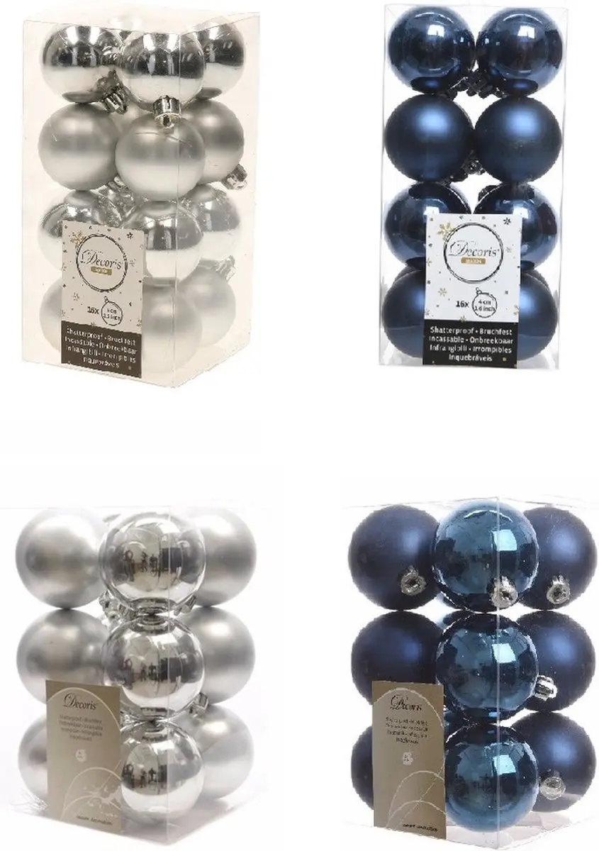 Kerstversiering kunststof kerstballen kleuren mix donkerblauw/zilver 4 en 6 cm p
