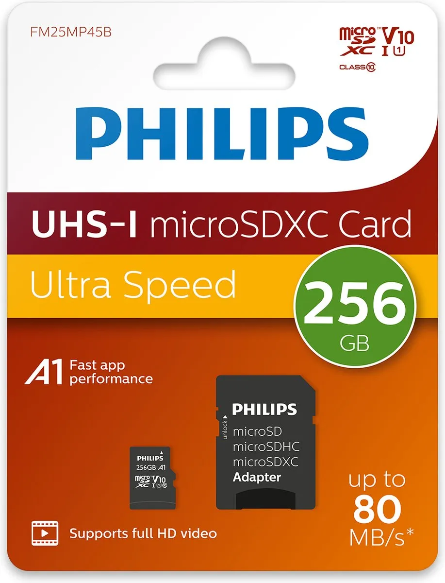 Philips FM25MP45B Micro SDXC Geheugenkaart 256GB - Class 10 UHS-I U1