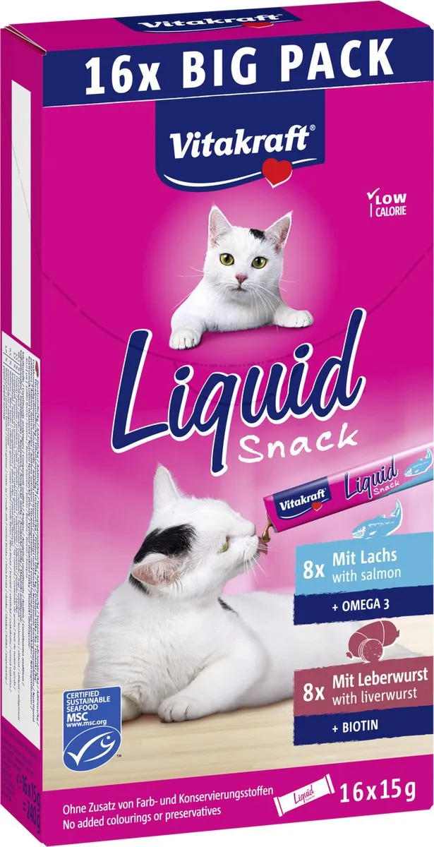 Vitakraft Liquid Snack Multipack - 16x15g Leverworst & Zalm MSC - afbeelding 6 van 6