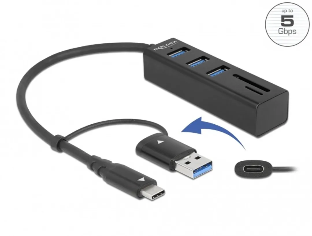 Delock 63859 USB 3.2 Hub 3 Poorten + SD/MicroSD Lezer - Zwart