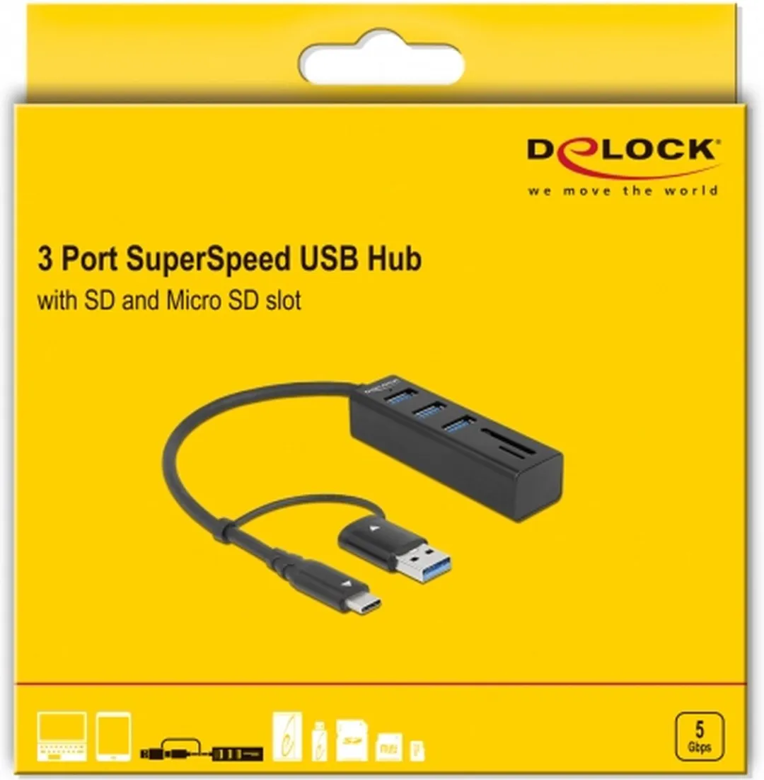 Delock 63859 USB 3.2 Hub 3 Poorten + SD/MicroSD Lezer - Zwart
