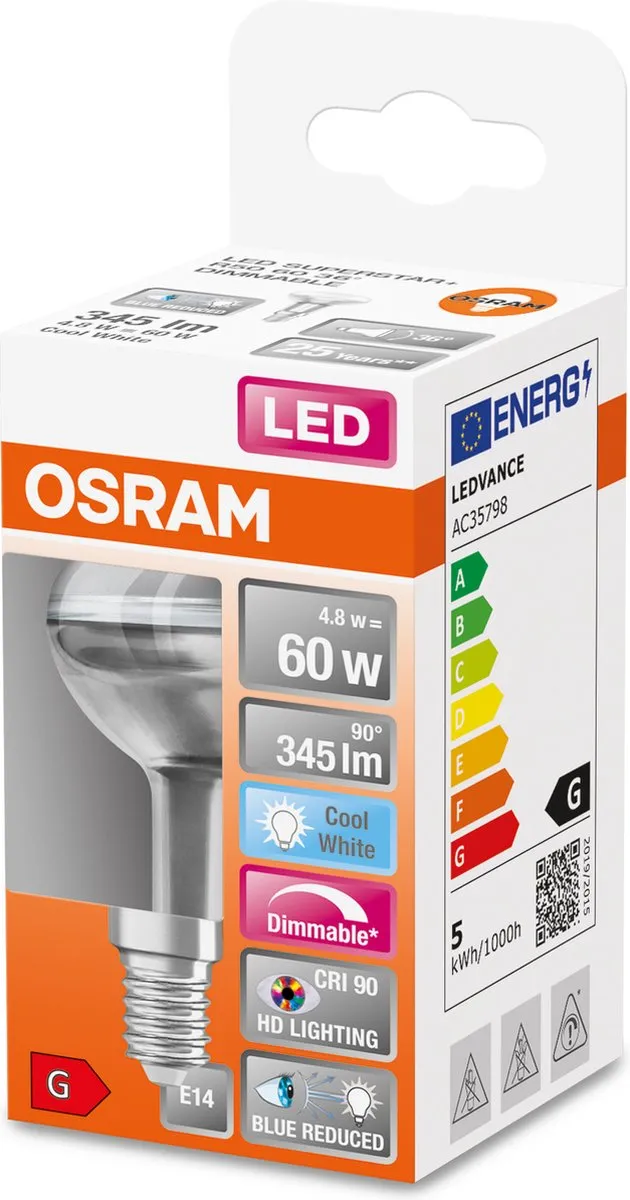 Osram E27 R80 LED Reflector 4.9W 2700K - 36° Ø80mm