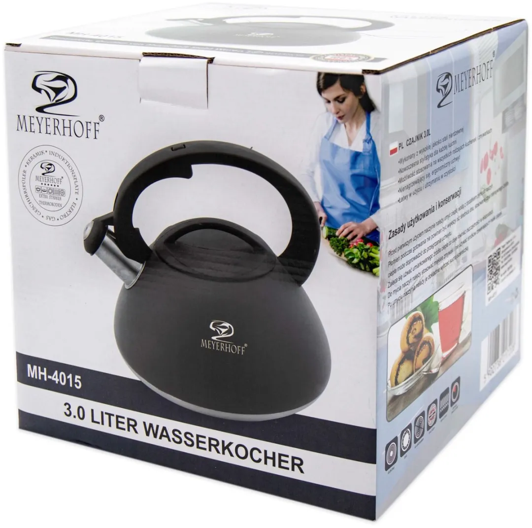 Meyerhoff RVS fluitketel 3 liter MH-4015 – Inductie fluitketel – Matzwart – Modern elegant design