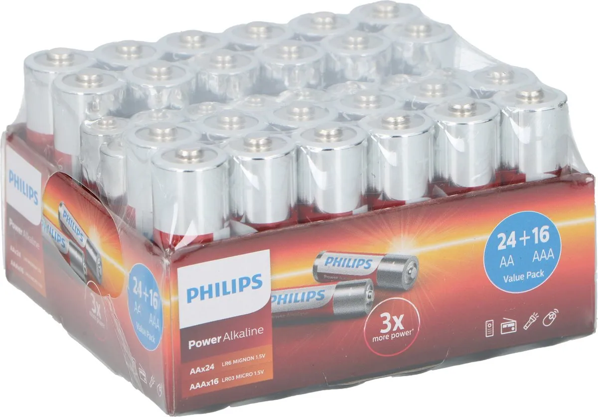 Philips Power Alkaline Batterijen 40 Stuks - 24x AA 16x AAA