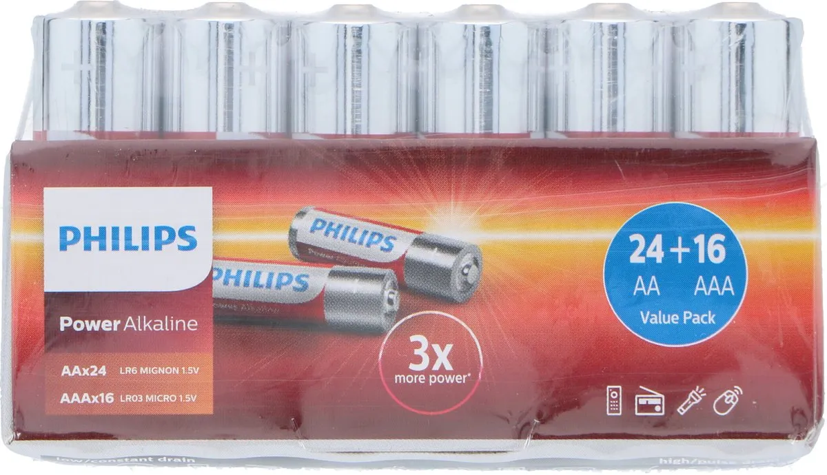 Philips Power Alkaline Batterijen 40 Stuks - 24x AA 16x AAA