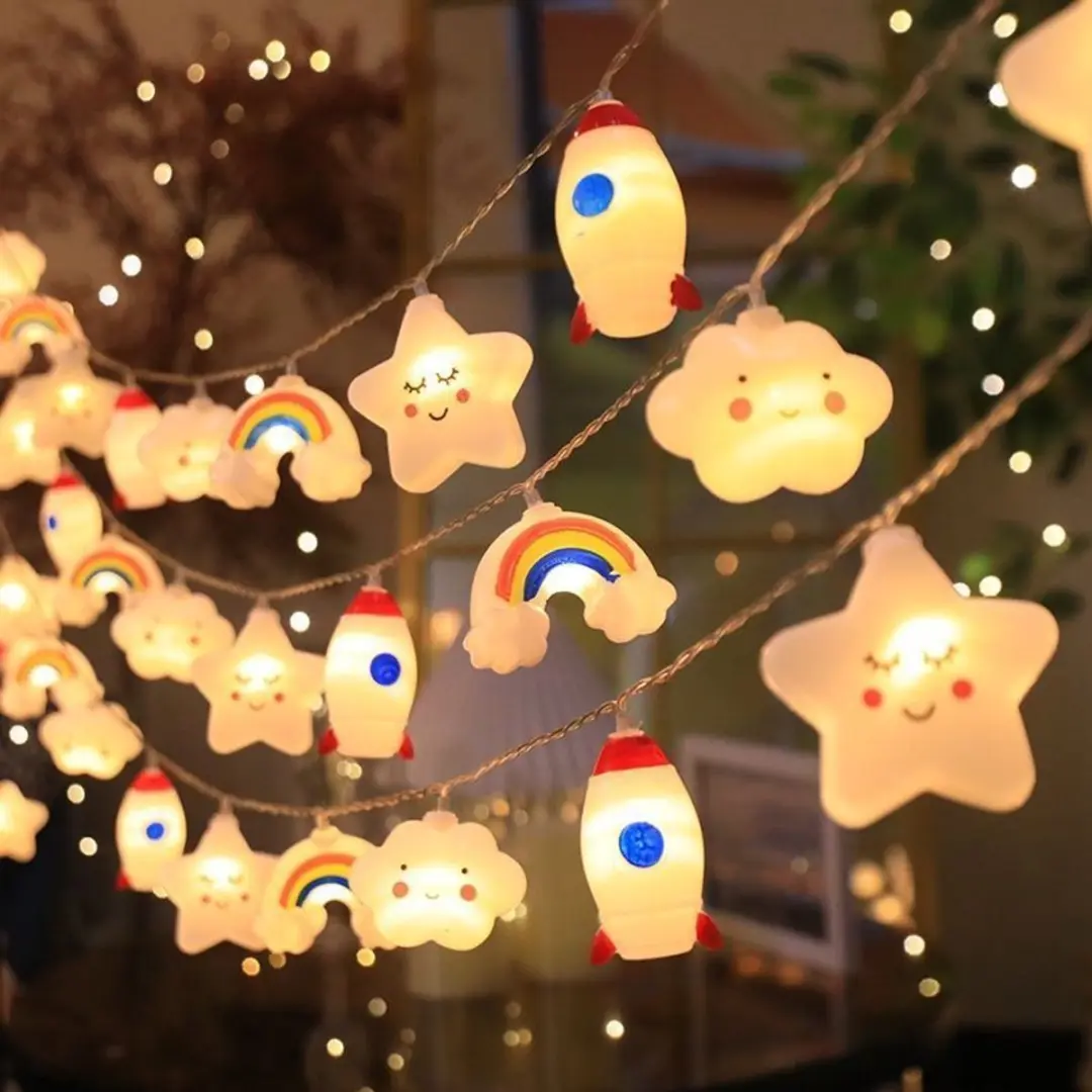 3m 20 lampjes Cartoonsterren, wolken, regenbooglichtsnoer slaapzaalverlichting K