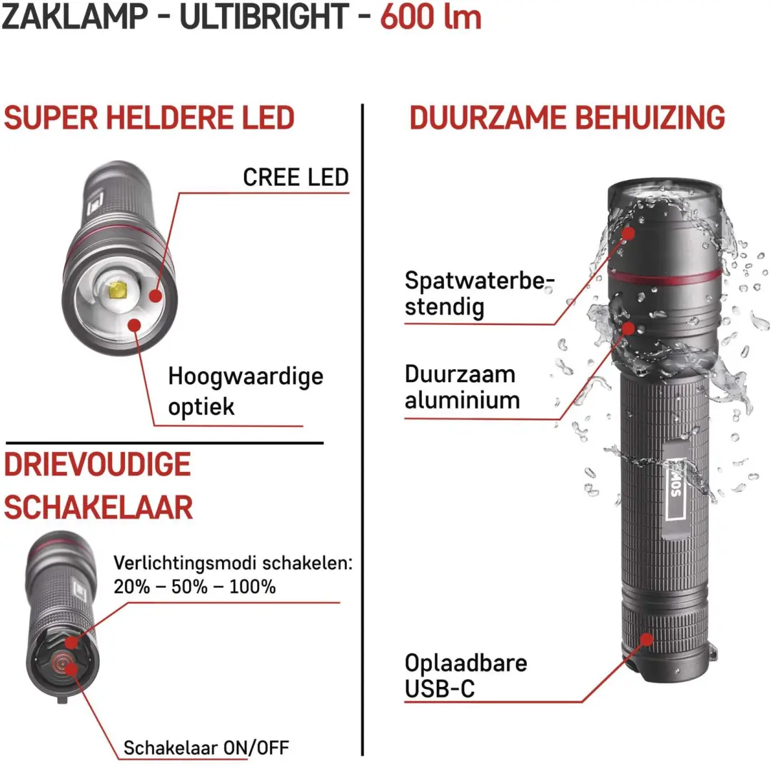 EMOS Ultibright 80 Oplaadbare LED Zaklamp 600lm - afbeelding 6 van 6