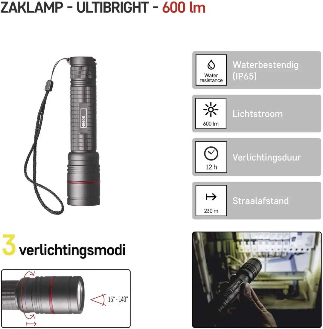 EMOS Ultibright 80 Oplaadbare LED Zaklamp 600lm - afbeelding 2 van 6