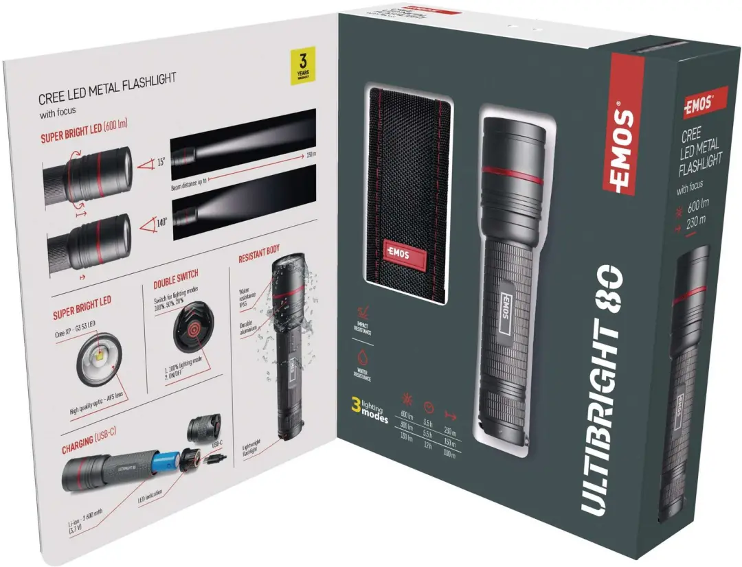 EMOS Ultibright 80 Oplaadbare LED Zaklamp 600lm - afbeelding 5 van 6