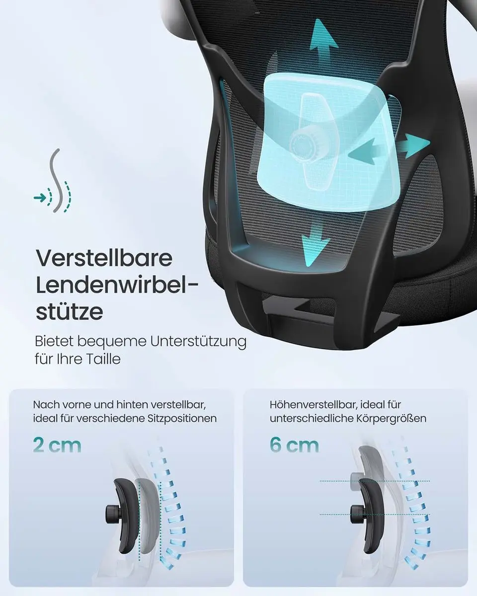SONGMICS - Ergonomische bureaustoel - verstelbare hoofdsteun en lendensteu - ondersteunt tot 150 kg - in hoogte verstelbaar - zwart - afbeelding 2 van 6