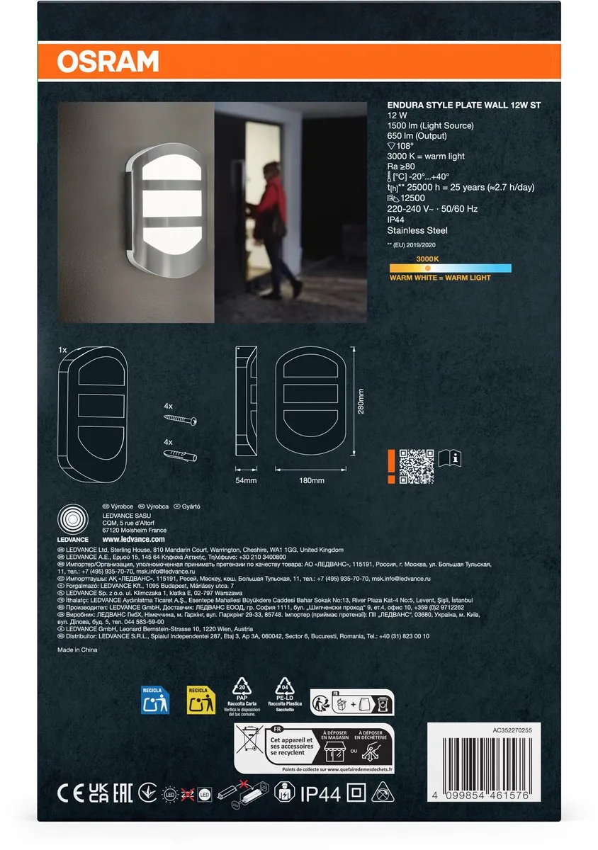 Osram ENDURA Style Plate Wall Wandlamp 12W - Staal - IP44 - afbeelding 6 van 6