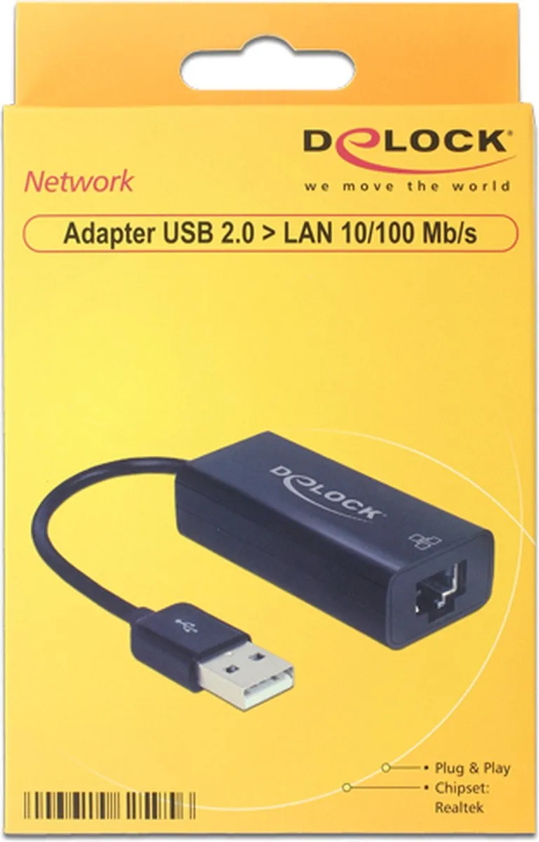 Delock USB-A naar RJ45 Fast Ethernet Adapter - USB2.0 - 0,10m - Zwart