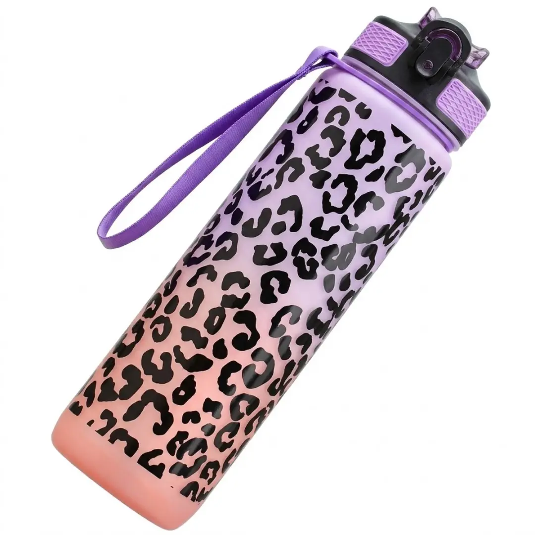Paars roze kleurverloop waterfles bidon dames met zwart luipaard patroon en draa