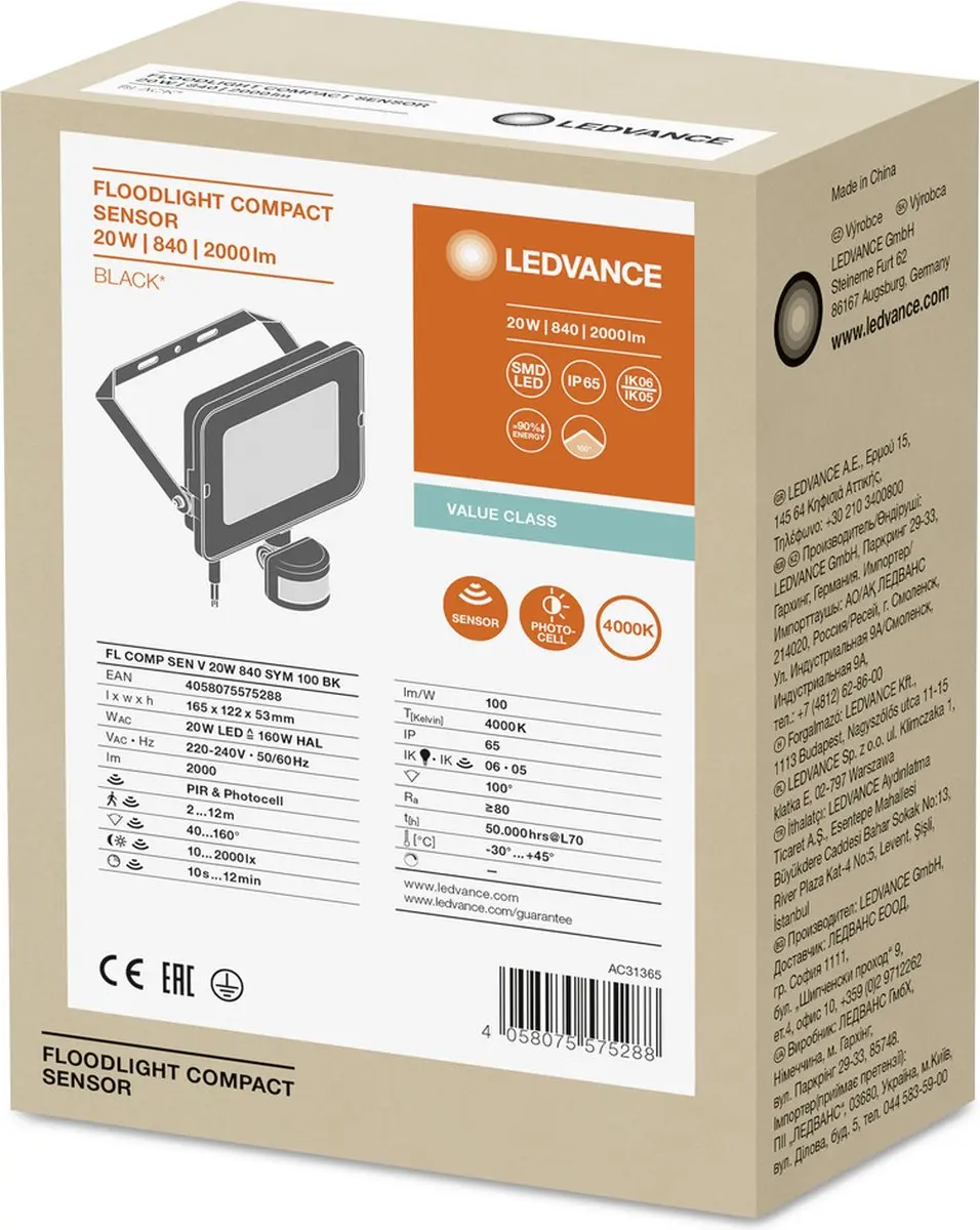LEDVANCE LED Floodlight Sensor 20W - 4000K - IP65 - Zwart - afbeelding 6 van 6