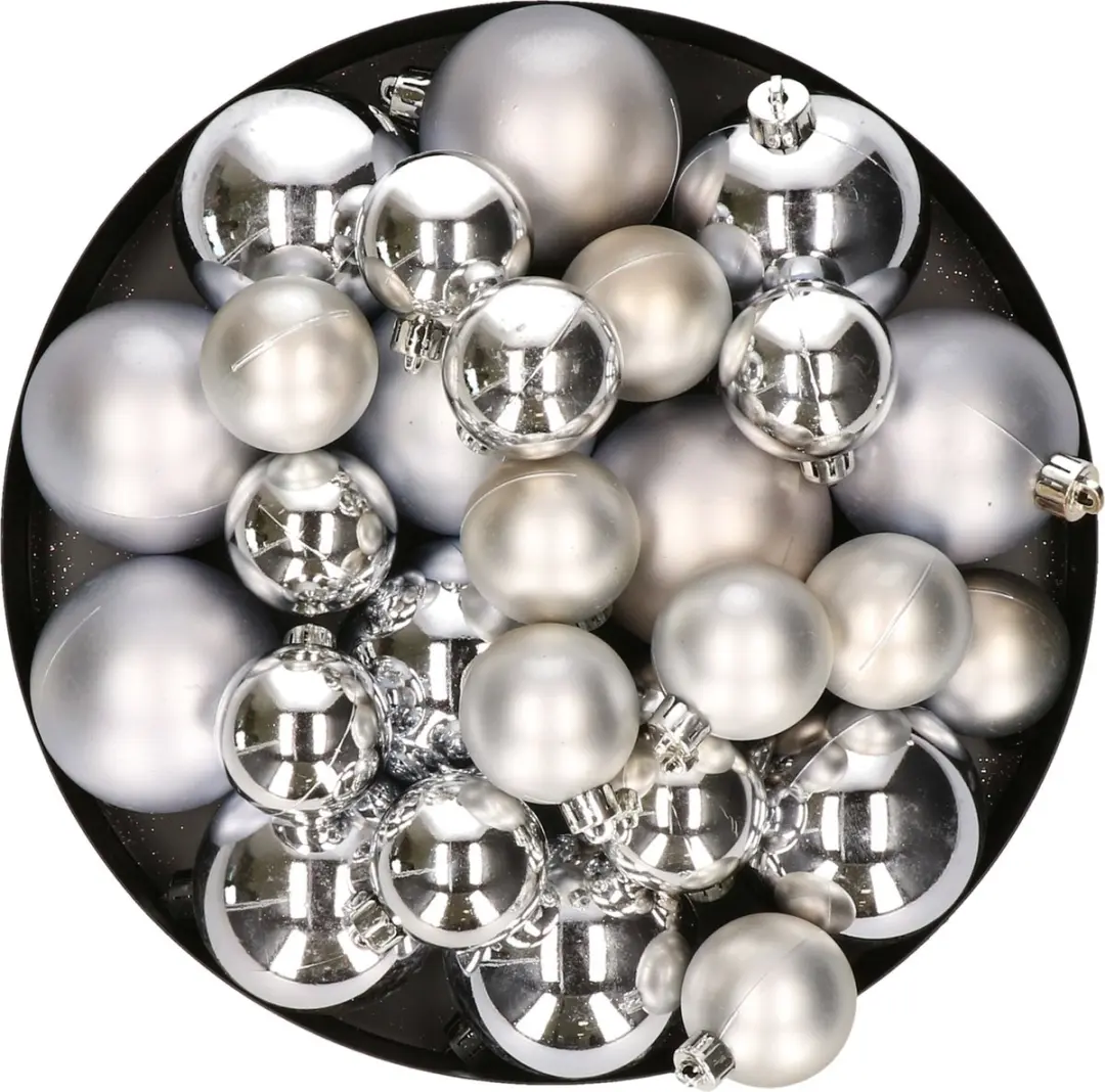 Kerstversiering kunststof kerstballen zilver 6-8-10 cm pakket van 22x stuks