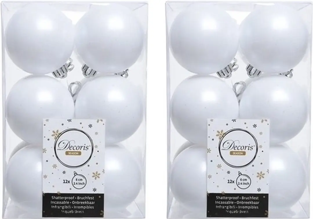 24x Winter witte kunststof kerstballen 6 cm