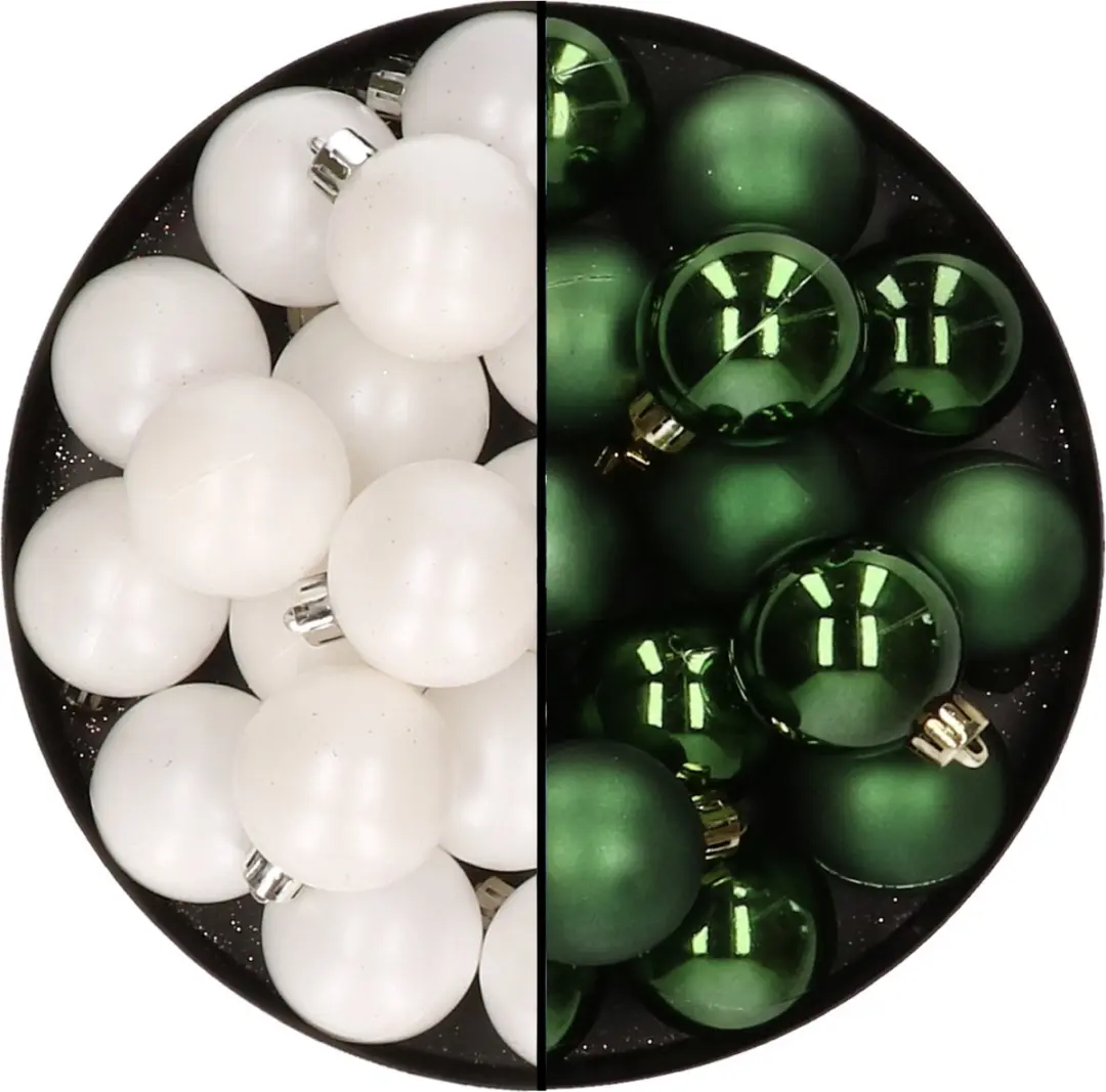 32x stuks kunststof kerstballen mix van wit en donkergroen 4 cm