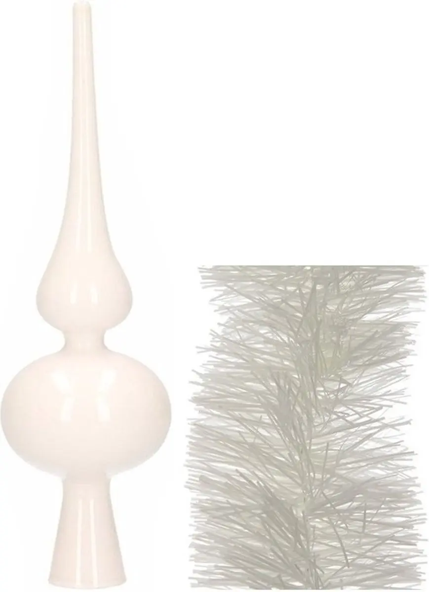 Kerstversiering glazen piek glans 26 cm en folieslingers pakket winter wit van 3