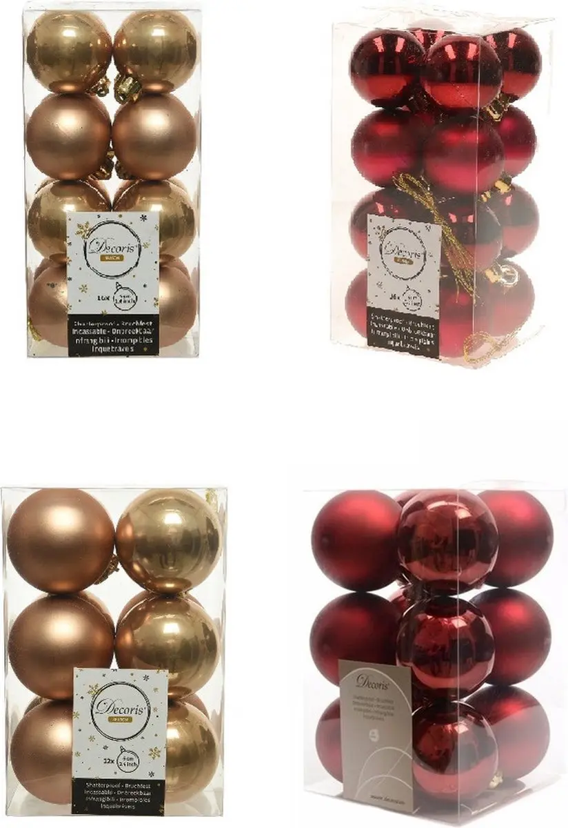 Kerstversiering kunststof kerstballen kleuren mix camel bruin/donkerrood 4 en 6