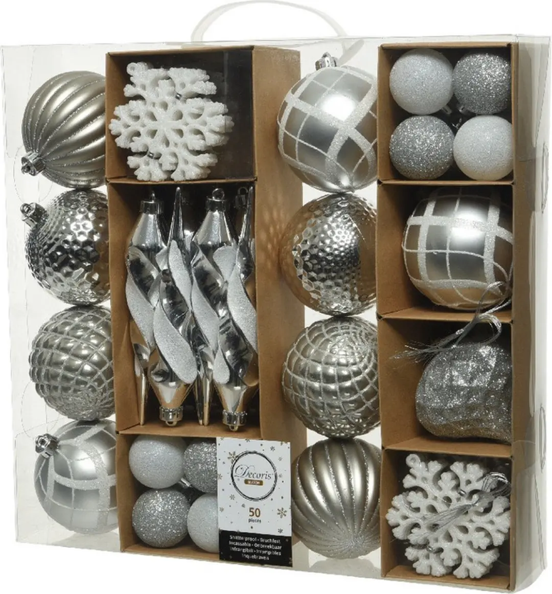 50x Zilver/lichtgrijze kerstballen en figuur hangers 4-8-15 cm