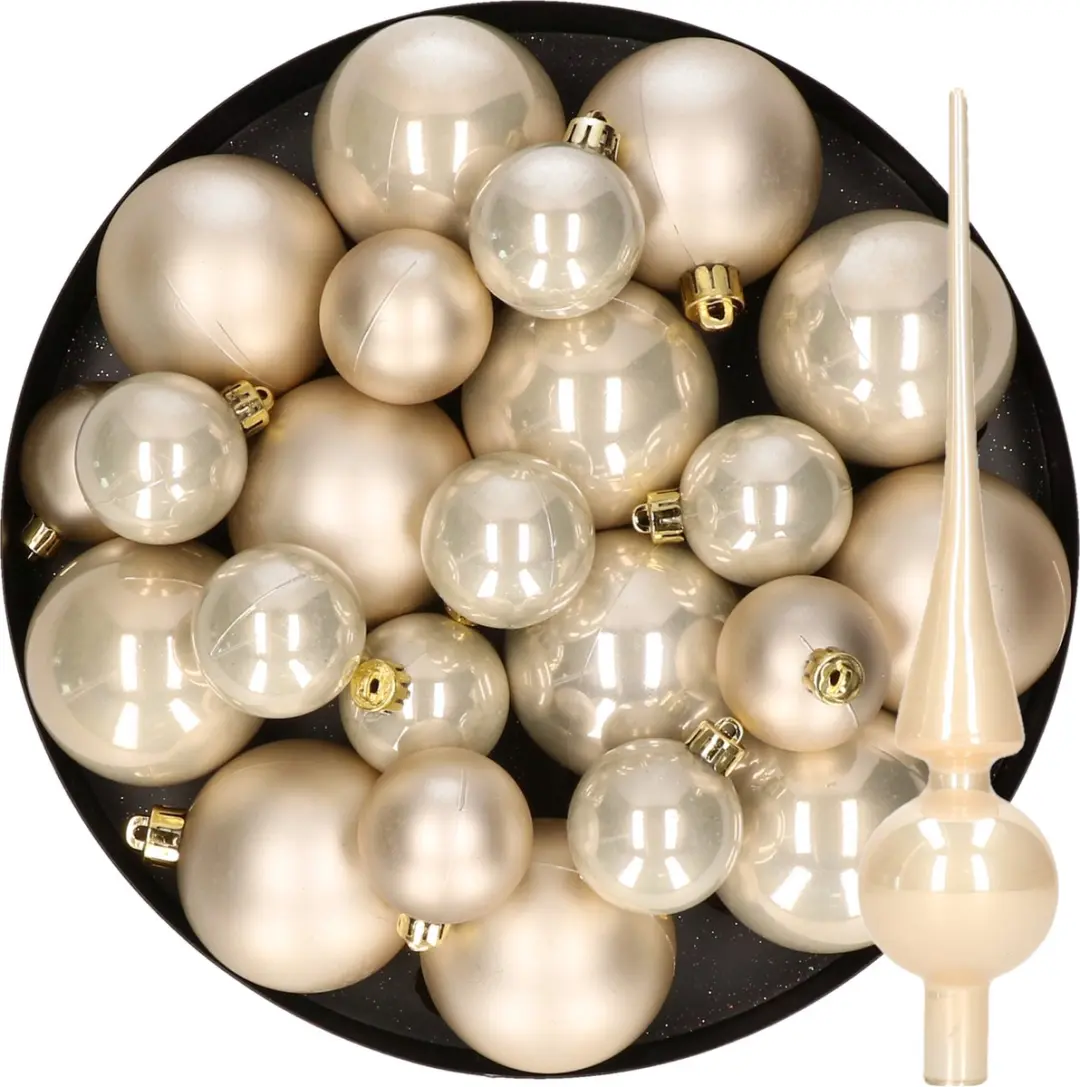 Kerstversiering kunststof kerstballen met glazen piek parel/champagne 6-8-10 cm
