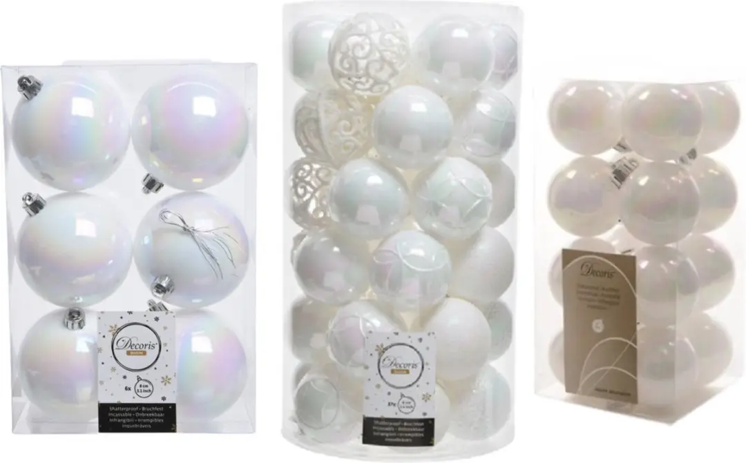 59x stuks kunststof kerstballen parelmoer wit 4, 6 en 8 cm glans/mat/glitter mix