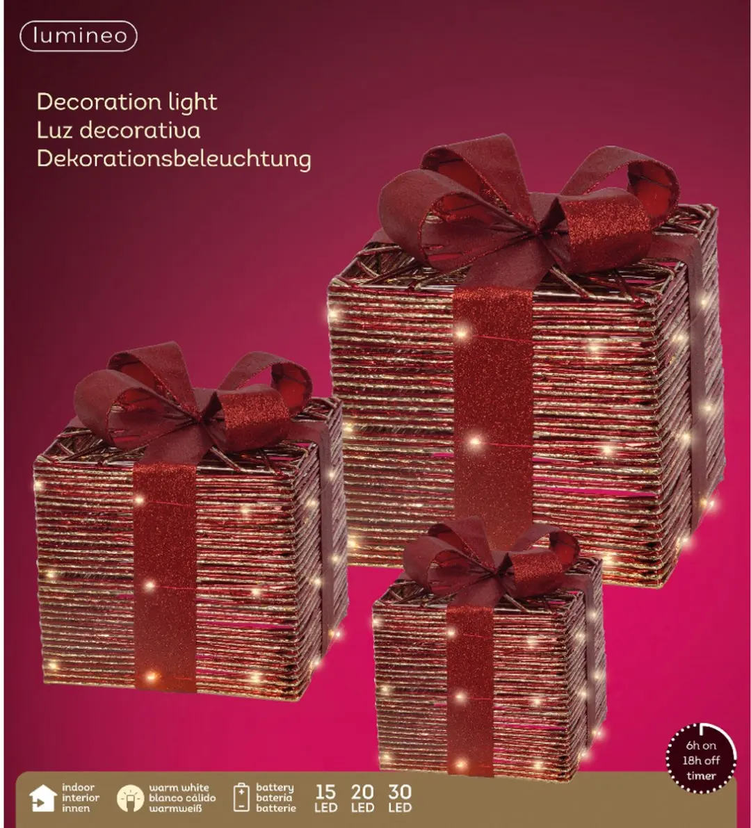 Rode LED-cadeauset met timer – 3 stuks kerstdecoratie voor binnen, 30 cm hoog - afbeelding 2 van 3
