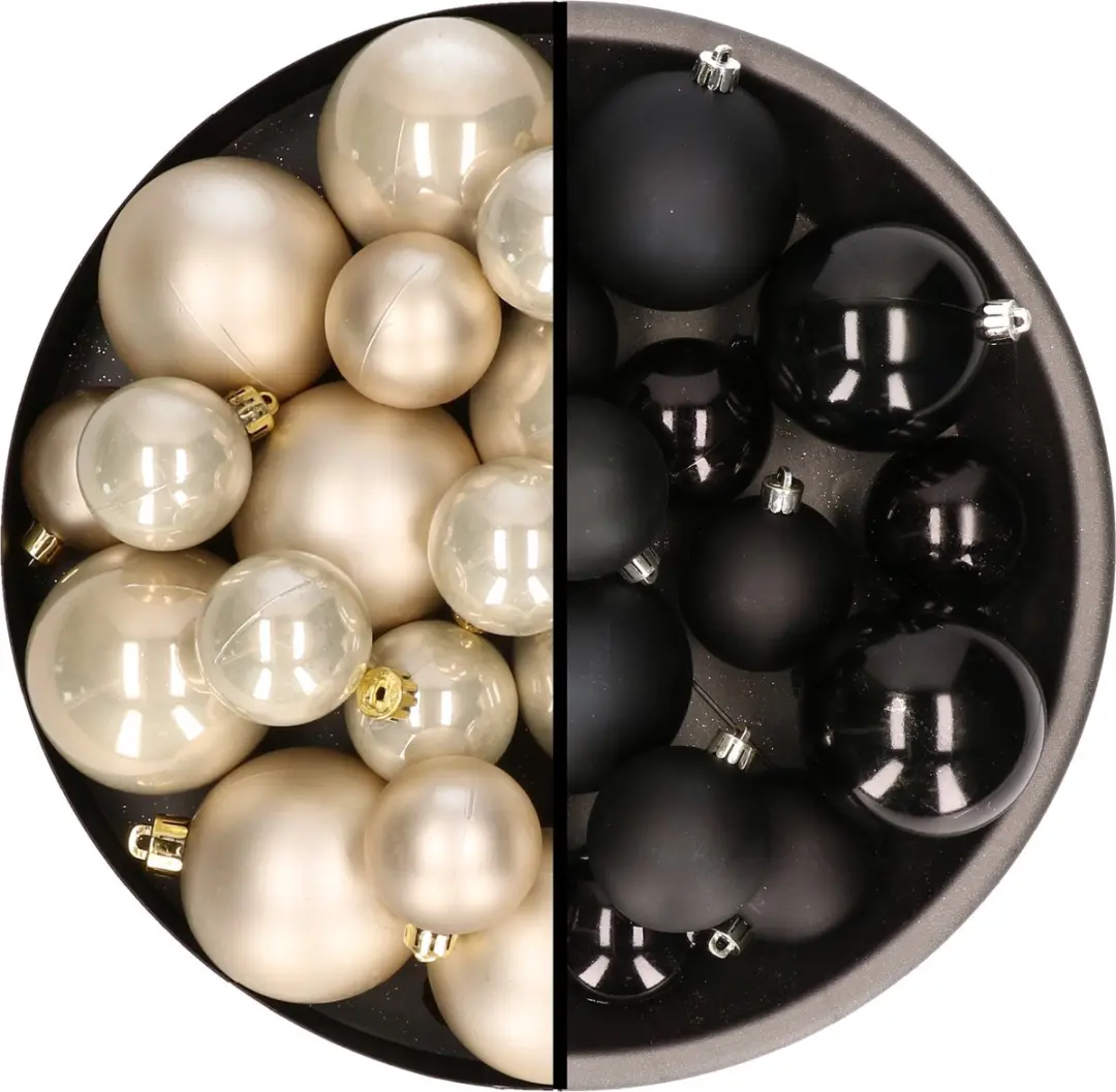 Kerstversiering kunststof kerstballen kleuren mix zwart/champagne 6-8-10 cm pakk