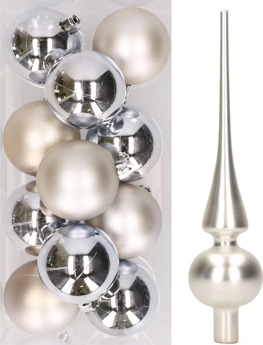 12x Zilveren kunststof kerstballen met glazen piek mat