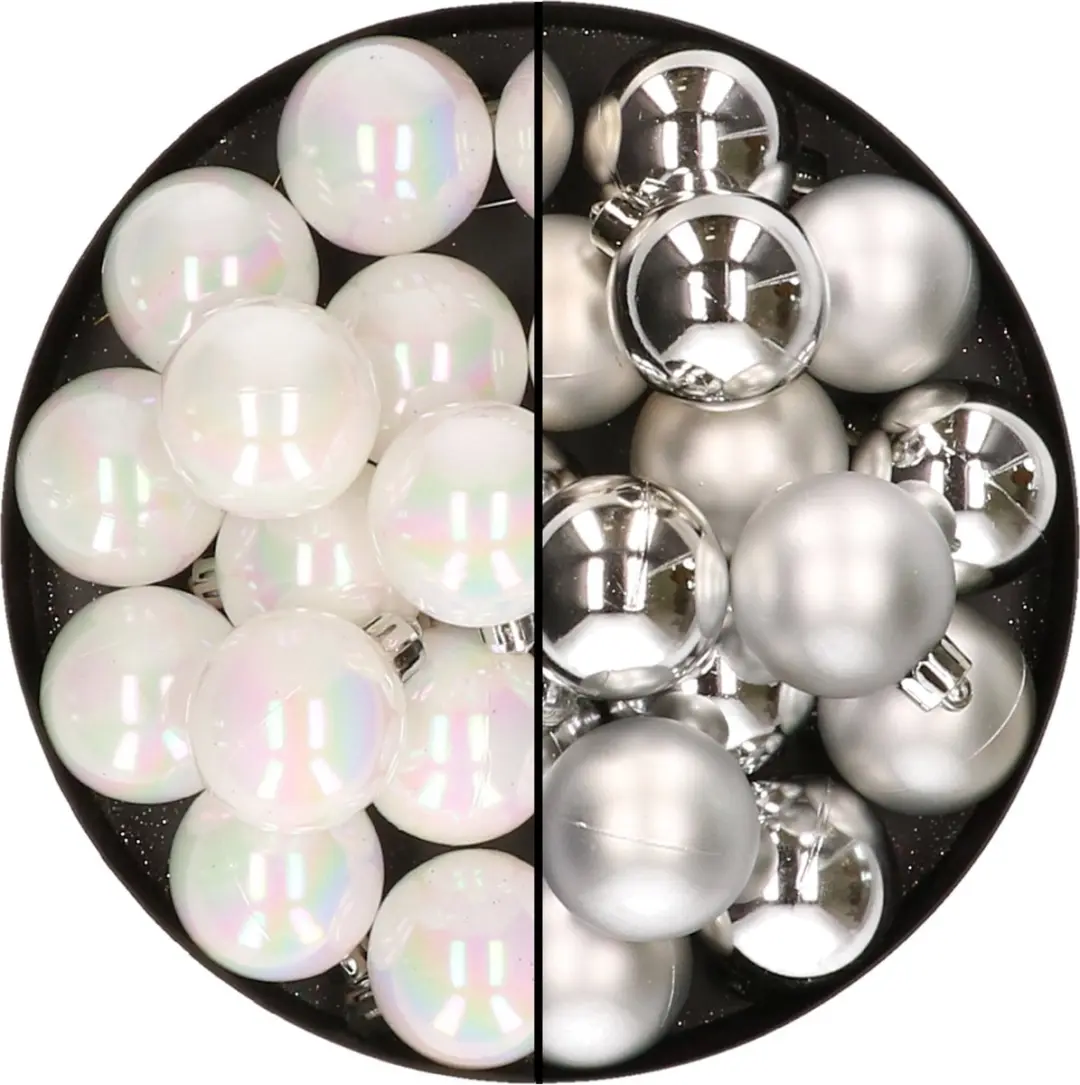 32x stuks kunststof kerstballen mix van parelmoer wit en zilver 4 cm
