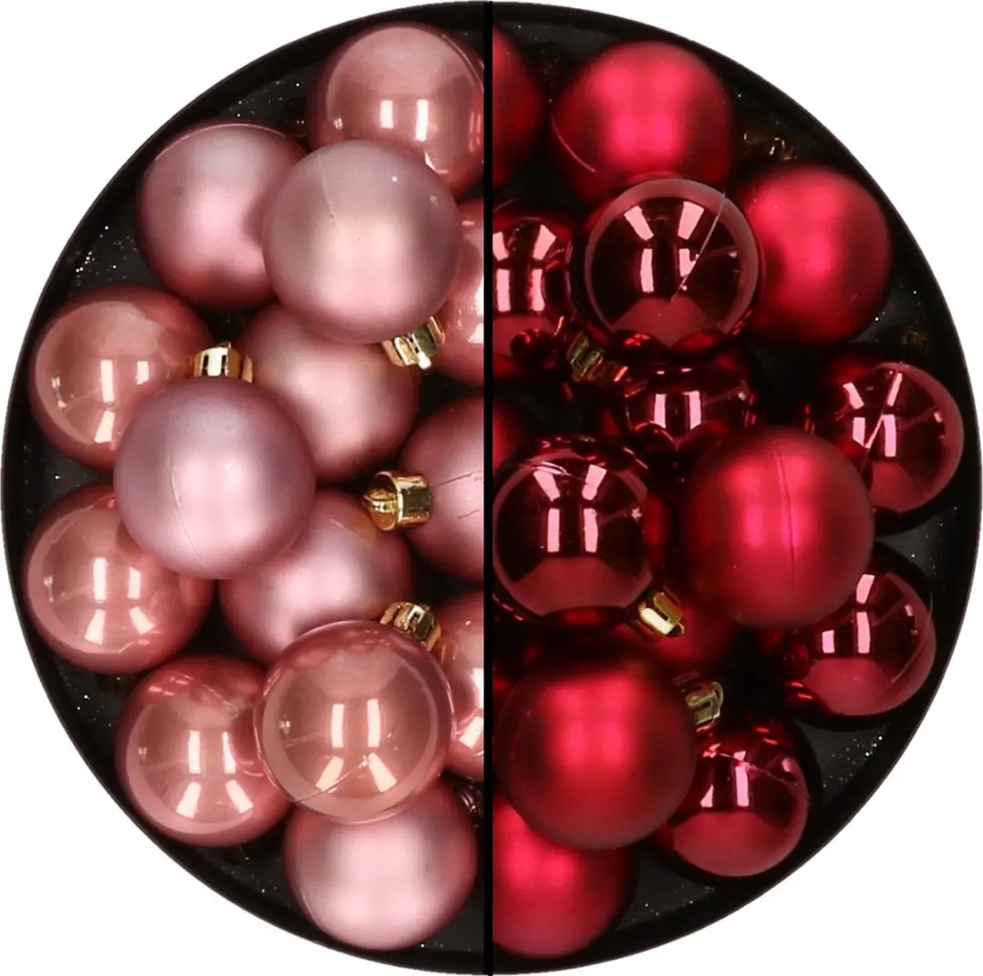 32x stuks kunststof kerstballen mix van oudroze en donkerrood 4 cm